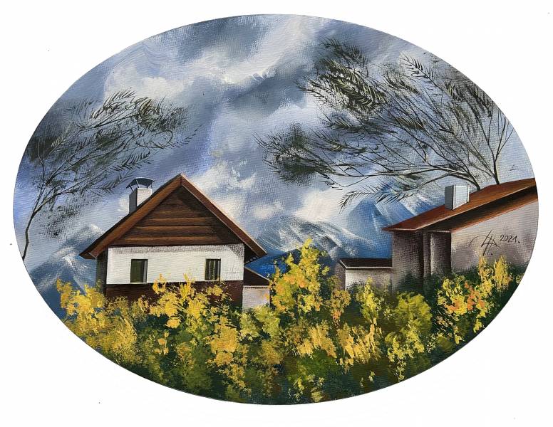 художник Хёртнагль Динара - картина Медальон с жёлтыми кустами - реализм - деревенский пейзаж