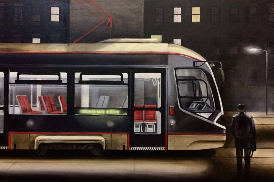 художник Красная Анна - картина Трамвай идёт в парк - реализм - городской пейзаж
