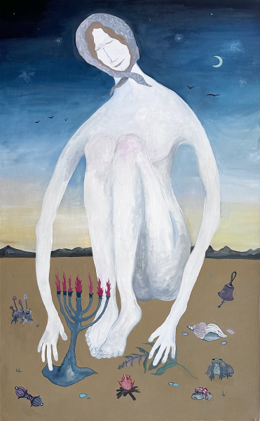 художник Маркова Виктория - картина Сидящая у обрыва реки - наив,символизм,сюрреализм,наивное искусство - - Не указан -